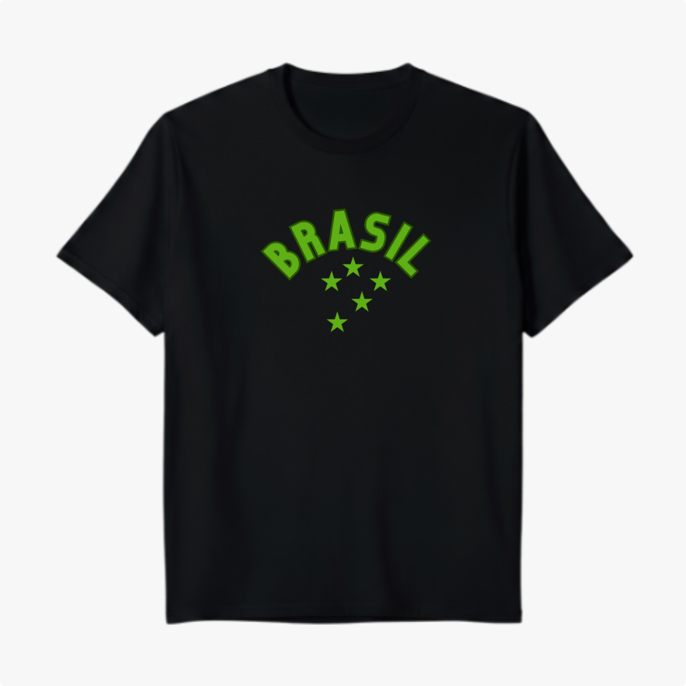 Camiseta com estampa frontal de texto "BRASIL" arqueado sobre cinco estrelas e estampa traseira do número "10" centralizado abaixo de um pequeno ícone.