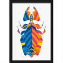 Quadro com estampa de besouro estilizado em listras onduladas azuis, vermelhas, laranjas e amarelas, criando um efeito visual vibrante e dinâmico.