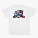 Camiseta com estampa frontal de "RS Challenge" estilizado e estampa traseira de "RS Challenge" maior com três carros em perspectiva detalhada.