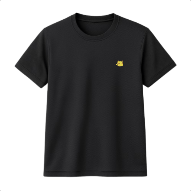 Camiseta com estampa frontal de uma pequena cabeça de gato abstrato em estilo minimalista.