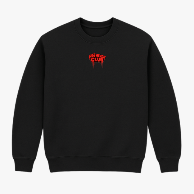 Moletom com estampa frontal de "No Mercy Club" em estilo gótico e estampa traseira de cobra ameaçadora com detalhes gráficos de gotas e traços intensos.