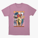 Camiseta com estampa frontal de personagens de anime em poses dinâmicas, rodeados por símbolos japoneses e detalhes florais, com texto em destaque.