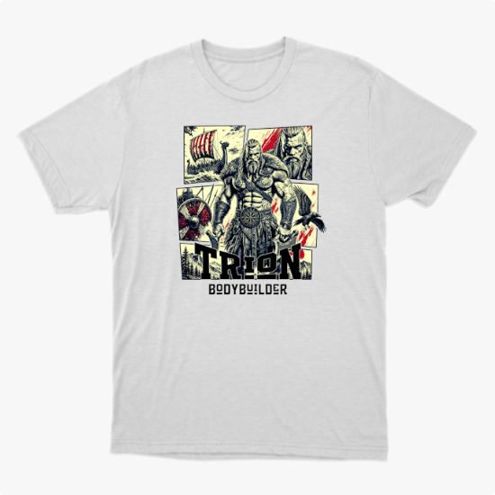 Camiseta com estampa frontal de um guerreiro musculoso em quadrantes, junto a um navio viking, escudo, espadas e texto "TRION BODYBUILDER".