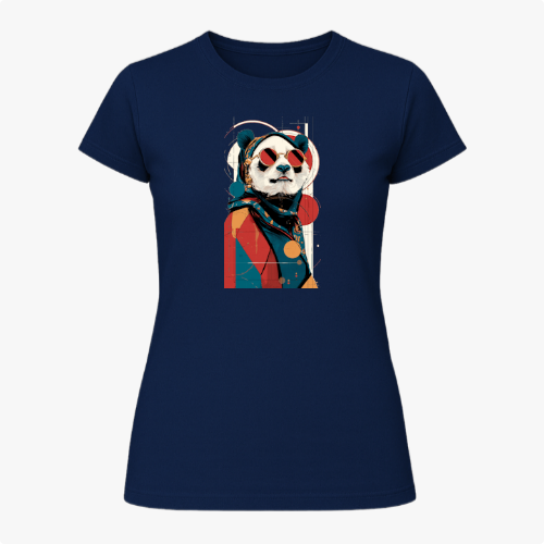 Camiseta com estampa frontal de panda estilizado usando óculos escuros, lenço e traje moderno, inserido em um design geométrico abstrato.