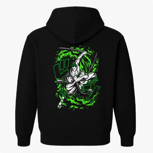 Moletom com estampa frontal de caracteres estilizados e estampa traseira de guerreiro empunhando espadas envolto em padrões dinâmicos e texturas vibrantes.