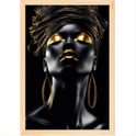 Quadro com estampa frontal de mulher estilizada com maquiagem dourada, usando brincos grandes e um turbante com textura dourada, criando um visual luxuoso.