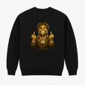 Moletom com estampa frontal de assinatura estilizada e coroa acima, e estampa traseira de personagem sorridente coberto de glitter dourado, usando colares.