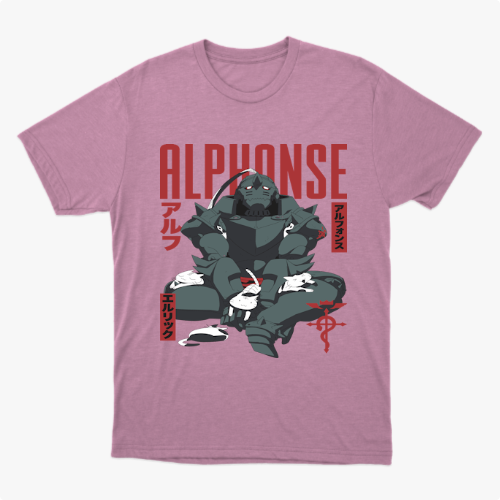 Camiseta com estampa frontal de uma figura robótica em posição sentada, cercada por pequenos coelhos e símbolos decorativos ao lado do texto "ALPHONSE".