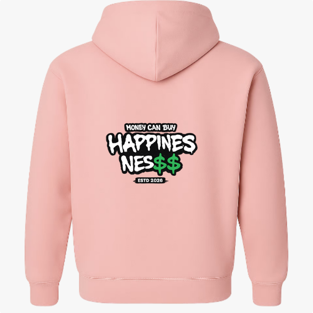 Moletom com estampa traseira de texto grafitado com a frase "Money Can Buy Happiness" onde "Happiness" é estilizado com cifrões, seguido de "ESTD 2026".