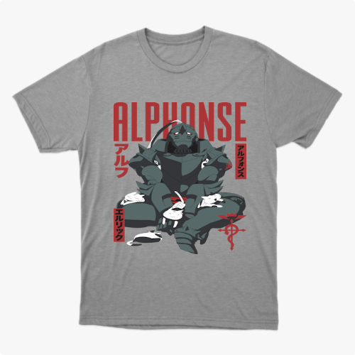 Camiseta com estampa frontal de uma figura robótica em posição sentada, cercada por pequenos coelhos e símbolos decorativos ao lado do texto "ALPHONSE".