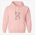 Moletom com estampa frontal de elementos religiosos incluindo um ostensório, coroa de espinhos, cruz e Nossa Senhora, e estampa traseira de logotipo com coroa.