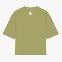 Camiseta com estampa frontal de rosto sorridente decorado com folhas e texto "Elevate Your Frequency" emoldurado por elementos naturais e estampa traseira de símbolo geométrico simples próximo à gola.