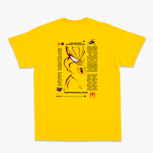 Camiseta com estampa frontal de aranha estilizada de linhas finas e estampa traseira de rosto delineado com texto e referências icônicas.