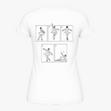 Camiseta com estampa frontal de texto discreto "Fouetté Lab" e estampa traseira de ilustrações demonstrando passos de balé em estilo gráfico minimalista.