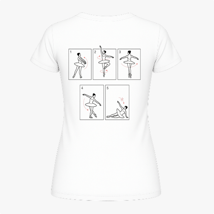 Camiseta com estampa frontal de texto discreto "Fouetté Lab" e estampa traseira de ilustrações demonstrando passos de balé em estilo gráfico minimalista.
