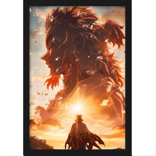 Quadro com estampa de silhueta imponente de guerreiro sobreposta a figura menor no horizonte, envoltos por chamas e céu dramático ao anoitecer.