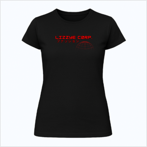 Camiseta com estampa frontal de texto em estilo futurista, acompanhado por caracteres japoneses e uma ilustração de um globo com linhas geométricas.