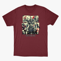Camiseta com estampa frontal de um guerreiro musculoso em quadrantes, junto a um navio viking, escudo, espadas e texto "TRION BODYBUILDER".