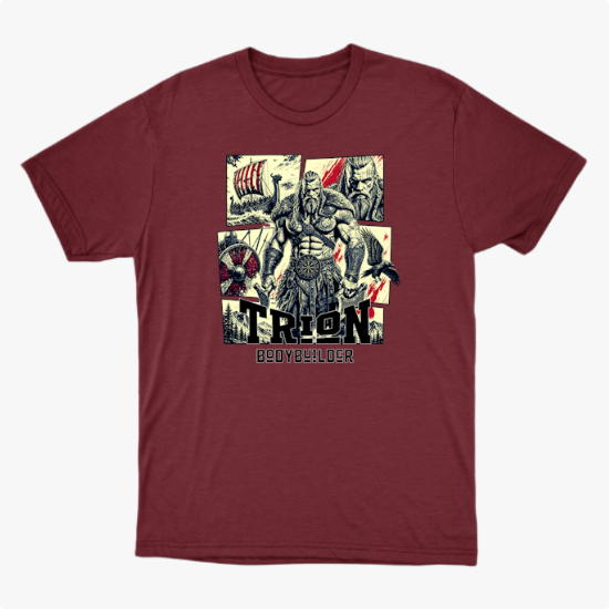 Camiseta com estampa frontal de um guerreiro musculoso em quadrantes, junto a um navio viking, escudo, espadas e texto "TRION BODYBUILDER".