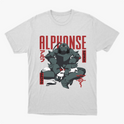Camiseta com estampa frontal de uma figura robótica em posição sentada, cercada por pequenos coelhos e símbolos decorativos ao lado do texto "ALPHONSE".