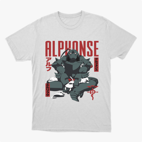 Camiseta com estampa frontal de uma figura robótica em posição sentada, cercada por pequenos coelhos e símbolos decorativos ao lado do texto "ALPHONSE".