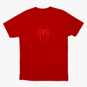 Camiseta com estampa frontal de aranha estilizada de linhas finas e estampa traseira de rosto delineado com texto e referências icônicas.