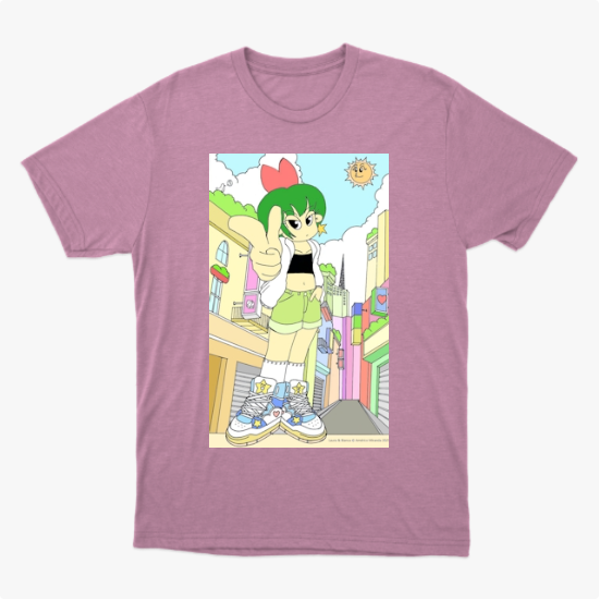 Camiseta com estampa frontal de personagem de cabelo verde e roupa casual em uma rua colorida, com sol sorridente no céu e detalhes urbanos vibrantes.