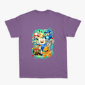 Camiseta com estampa frontal de uma inicial estilizada e estampa traseira com vários personagens icônicos de jogos e animações em um agrupamento vibrante.