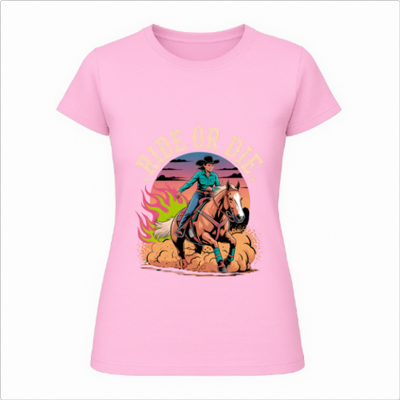 Camiseta com estampa frontal de cowboy montado em cavalo, fundo de pôr do sol com chamas verdes e a frase "Ride or Die" em destaque.