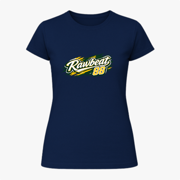 Camiseta com estampa frontal de "Rawbeat 88" em estilo esportivo dinâmico e estampa traseira de "Brasil 88" com mesmo estilo impactante.