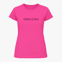 Camiseta com estampa frontal de texto minimalista apresentando a palavra "OBSIGNO" em um estilo simples e moderno.