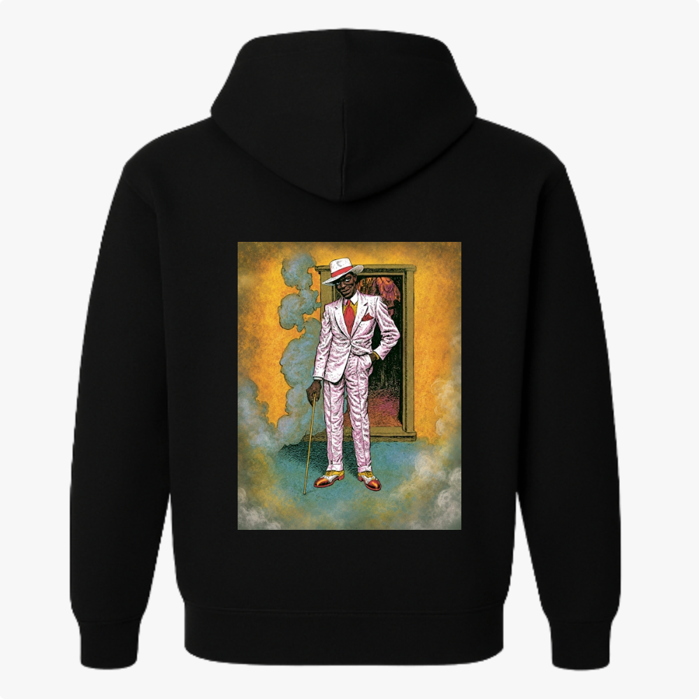 Moletom com estampa frontal de "Saravá" e detalhe de desenho, e estampa traseira de figura com terno rosa em frente a uma porta emoldurada por fumaça.