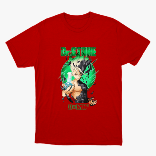 Camiseta com estampa frontal de personagem anime segurando um frasco, envolto em elementos científicos e letras "Dr. Stone" acima e "E=MC²" abaixo.