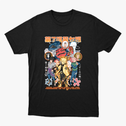 Camiseta com estampa frontal de personagens de anime em poses dinâmicas, rodeados por símbolos japoneses e detalhes florais, com texto em destaque.