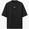 Camiseta com estampa frontal de logotipo estilizado com letras e estampa traseira de personagem musculoso flexionando, acompanhado do texto "Parker Squad".