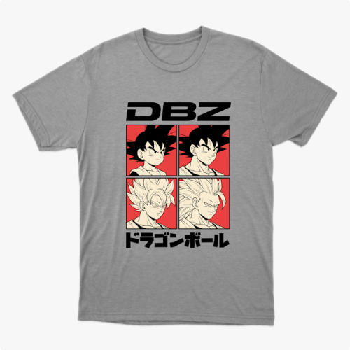 Camiseta com estampa frontal de quatro quadrados ilustrando personagens de cabelo arrepiado, acompanhados pelas letras "DBZ" acima e texto em japonês abaixo.