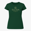 Camiseta com estampa frontal de um logotipo circular com a letra "K" centralizada, seguido do nome estilizado "Karime Kellin" e frase adicional.