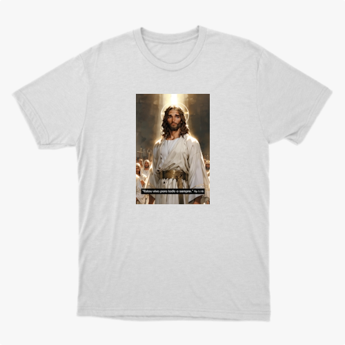 Camiseta com estampa frontal de figura central com cabelos longos e barba, cercada por pessoas em trajes claros, sobre fundo luminoso; texto pequeno na parte inferior.