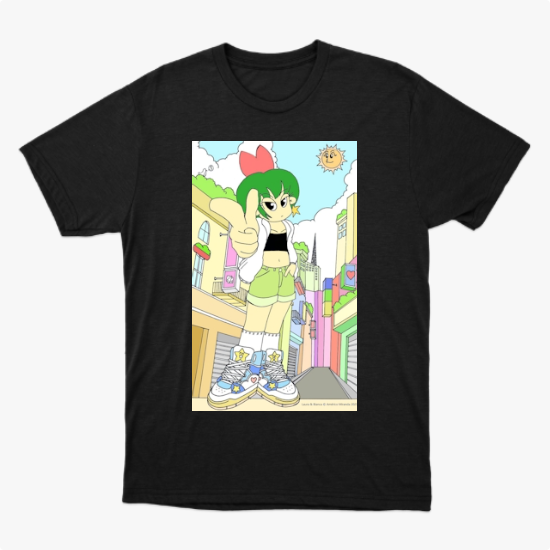 Camiseta com estampa frontal de personagem de cabelo verde e roupa casual em uma rua colorida, com sol sorridente no céu e detalhes urbanos vibrantes.