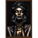 Quadro com estampa frontal de retrato artístico de mulher com corpo e rosto cobertos de tinta metálica dourada e preta, usando colares e turbante.