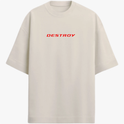Camiseta com estampa frontal de texto "DESTROY" em estilo tipográfico e estampa traseira de "I ♥ SINGLE MOM" com o coração em destaque centralizado.