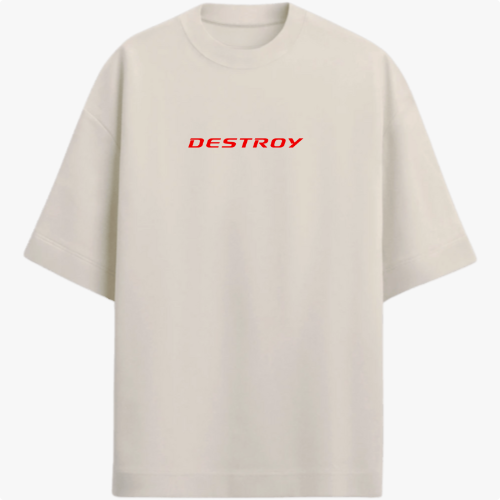 Camiseta com estampa frontal de texto "DESTROY" em estilo tipográfico e estampa traseira de "I ♥ SINGLE MOM" com o coração em destaque centralizado.