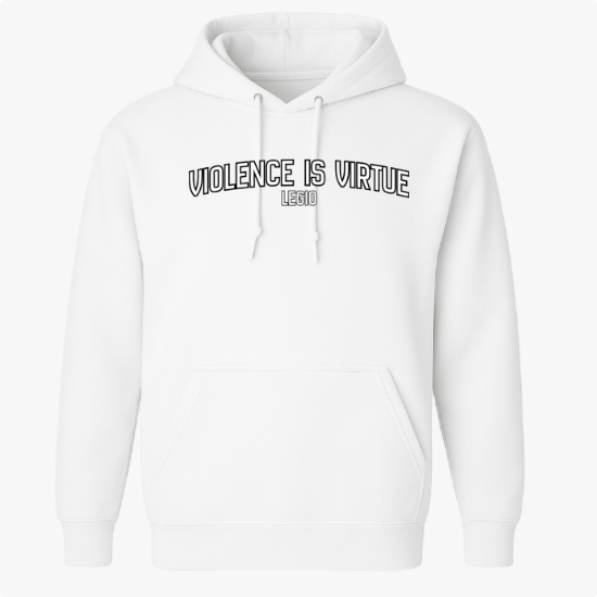 Moletom com estampa frontal de texto "VIOLENCE IS VIRTUE LEGIO" e estampa traseira de crânio perfurado por adaga vermelha, rodeado pelo mesmo texto.