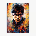 {"type":"Quadro","content":"Quadro com estampa frontal de uma ilustração artística de um jovem com óculos e expressão séria, cercado por salpicos dinâmicos de cores vibrantes."}