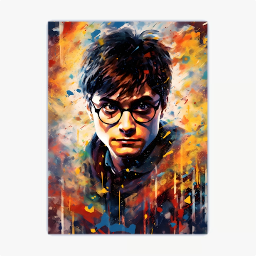 {"type":"Quadro","content":"Quadro com estampa frontal de uma ilustração artística de um jovem com óculos e expressão séria, cercado por salpicos dinâmicos de cores vibrantes."}