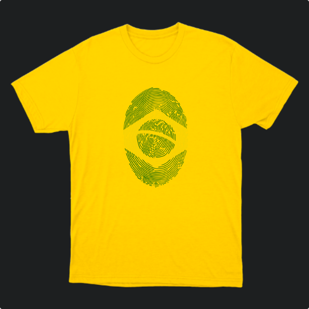 Camiseta com estampa frontal de uma digital estilizada formando a bandeira do Brasil, integrando as listras curvas em tons contrastantes.