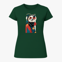 Camiseta com estampa frontal de panda estilizado usando óculos escuros, lenço e traje moderno, inserido em um design geométrico abstrato.