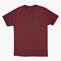 Camiseta com estampa frontal de desenhos sorridentes de criaturas vegetais estilizadas, cercadas por delicados detalhes de flores e folhagens diversas.