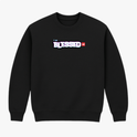 Moletom com estampa frontal de texto em destaque "I am BLESSED" com efeito de sombra, complementado por um detalhe retangular menor ao lado direito.