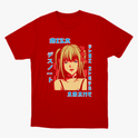 Camiseta com estampa frontal de uma personagem anime com cabelos longos, acompanhada de textos em estilo japonês ao redor.